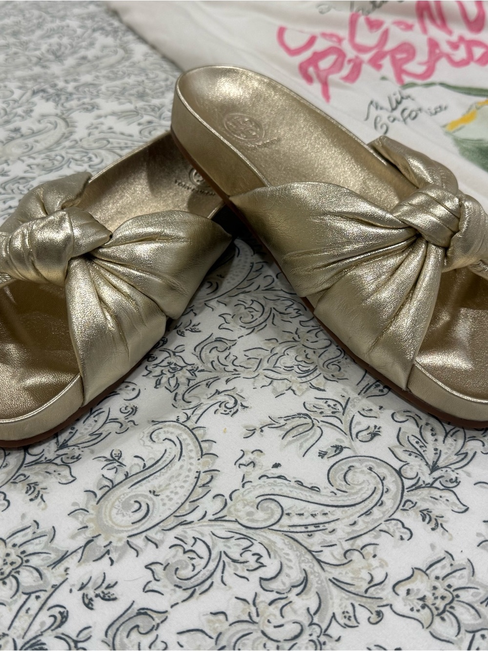 Tory Burch Metallic Gold Knotted Slide Sandals